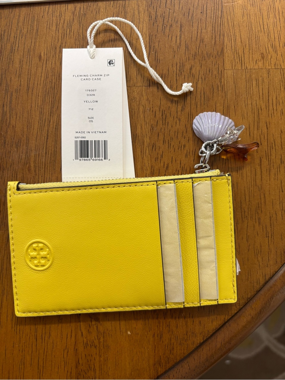 Tory Burch Yellow Fleming Charm Zip Card Case with Shell Charm